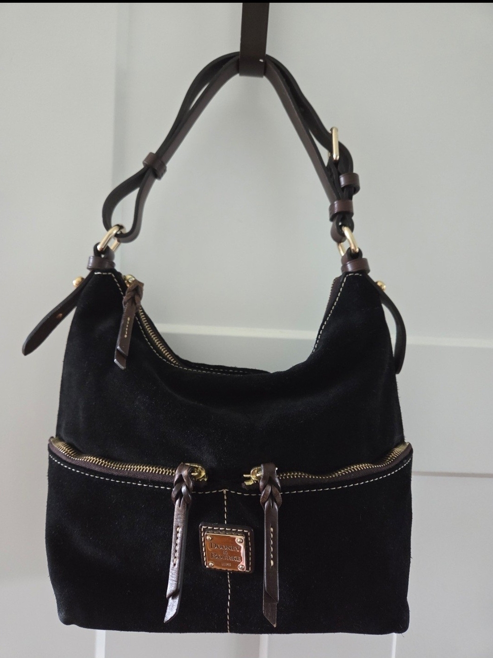 Dooney & Bourke Black Suede Hobo with Dark Brown Leather Trim and Gold Hardware